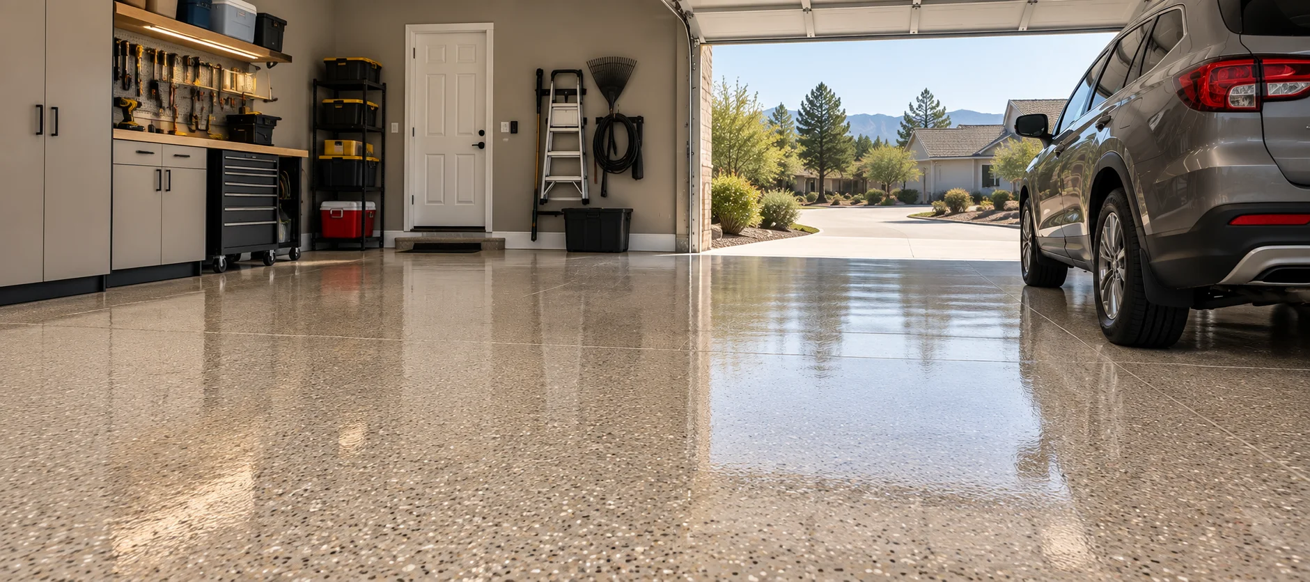 Bright garage with a glossy tan flake floor, cabinets and an SUV parked at the open door